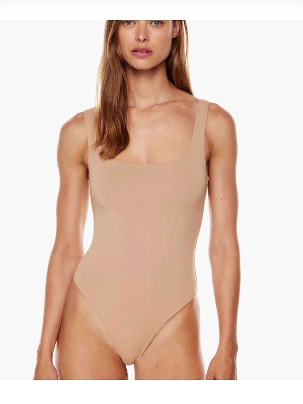 Aritzia Babaton Contour Ribbed Square Neck Tank Bodysuit M Tan